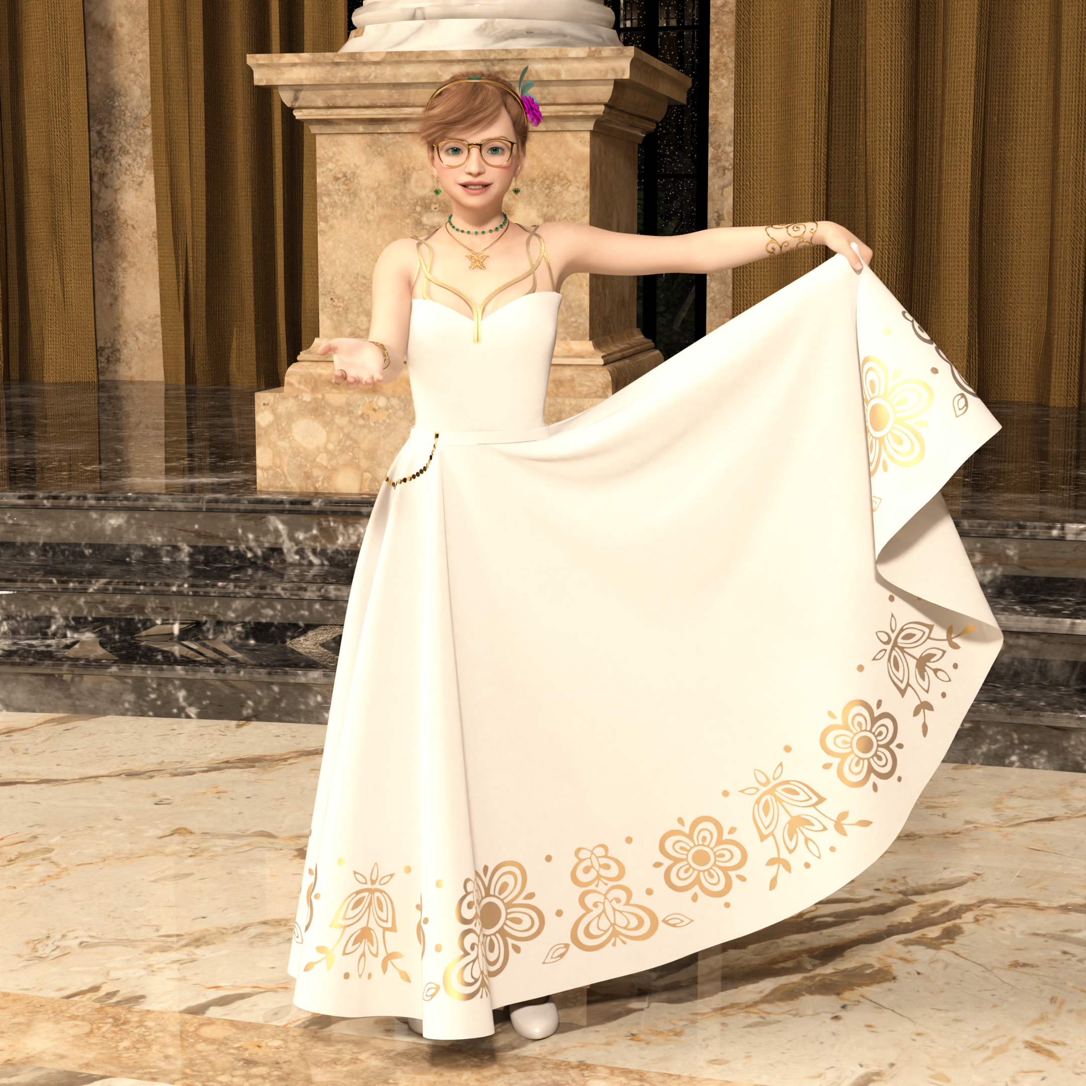 Ellie in a formal white dress with shiny gold trim on the top, and shiny gold on the skirt in the Butterfly Gold pattern. She’s smiling and holding out her skirt in one hand, while her other hand is extended in an invitation to dance.