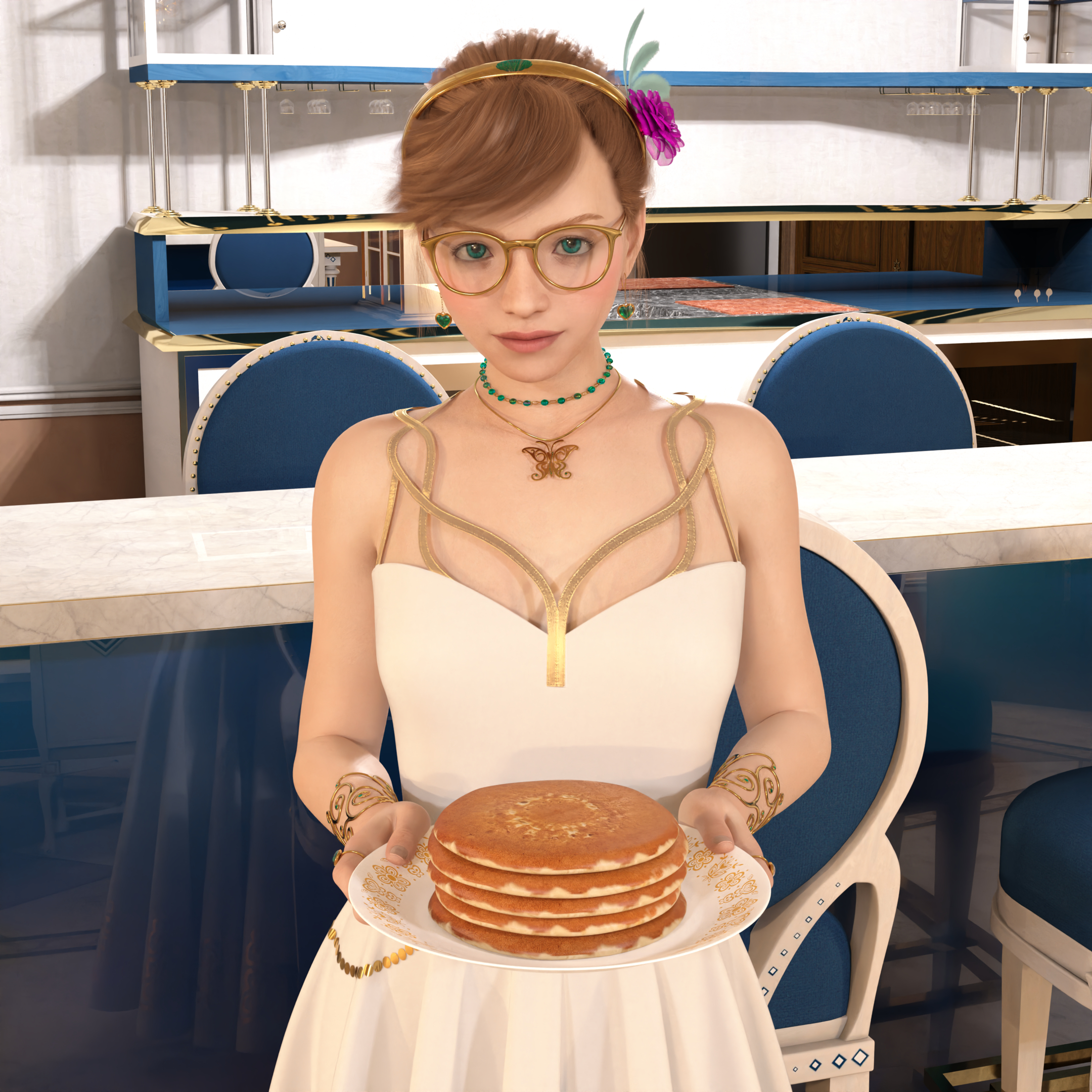 Ellie in a kitchen, offering a plate of pancakes with a soft smile.