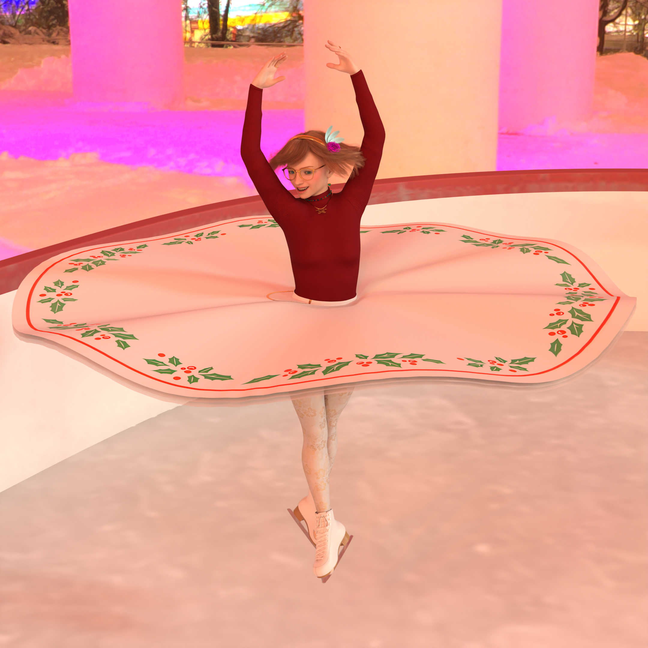 And then the big spinny jump! The long skirt flares all the way out and flies up a little bit past her waist, revealing the two layers of pettis and the white leggings with a gold floral pattern. Her hair is flared out too, and she’s got a joyful, open-mouthed smile.