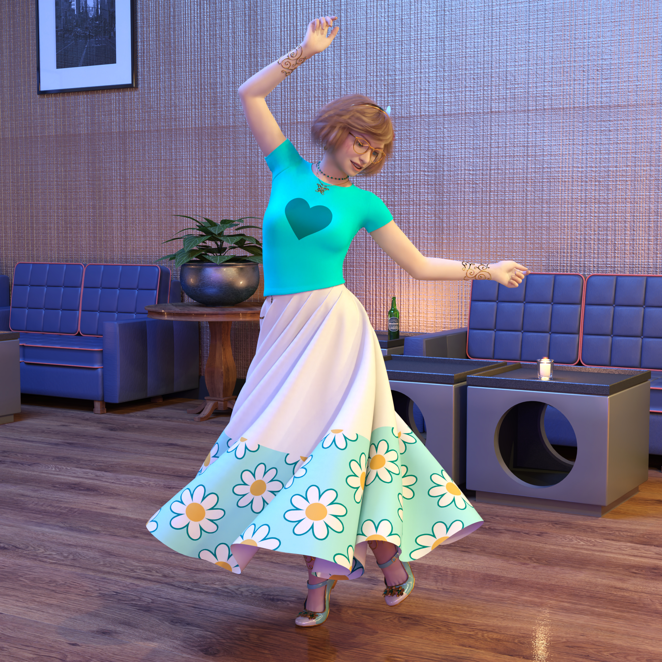 A full-body render of Ellie dancing in a lounge of some sort. The rest of her outfit is visible, including her skirt swirling about her legs. There are additional accessories and outfit elements now visible: pale teal ballet flats with white toecaps, gold soles, and gold flowers attached, golden armbands with an intricate swirling pattern, and a string of small gold coins draped across her left hip. She also has two rings on her index fingers, but those aren’t very visible here. And she also has ankle bands that match her arm bands, but her skirt isn’t flying enough to reveal those. …Yet.