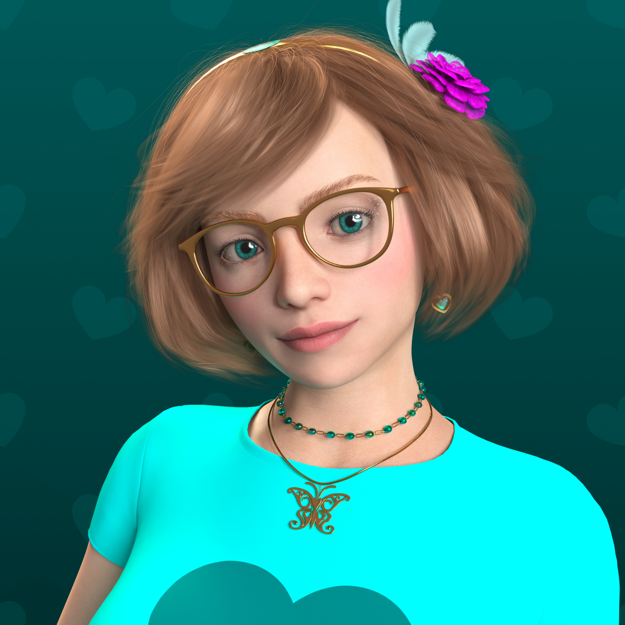 A simple close-up render of Ellie in her default outfit, smiling softly with her head slightly tilted. Ellie is a young woman with light skin, turquoise eyes, and red/brown hair cut in a fluffy bob. Her default outfit is a light teal t-shirt with a dark teal heart, and an ankle-length full circle skirt with a pale teal border at the hem with daisies on it. (The skirt is not visible here.) She’s also wearing several accessories that are always present: gold rimmed glasses, a golden hairband with a teal gem inset in the center, a magenta flower hair clip with three pale teal feathers attached, heart earrings, and two necklaces: one with turquoise beads and another with a golden butterfly pendant.