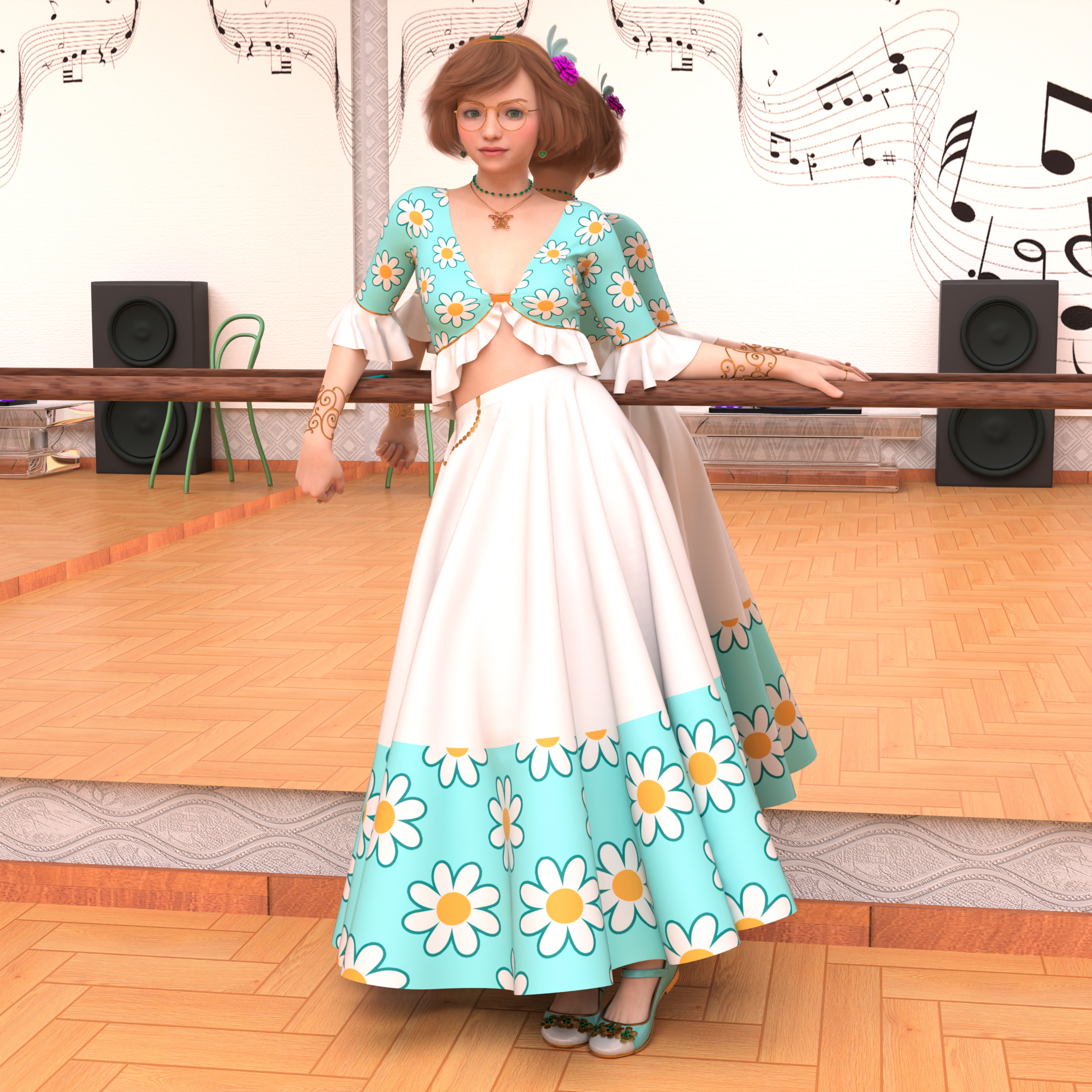 Full-body render of Ellie in a dance studio, leaning against a mirrored wall with a ballet barre. She’s in a variant of her default outfit with a different top. I don’t really know how to describe its shape well, but it’s meant to be similar to those worn by some Russian Romani show dancers. The pattern on the border of her skirt is the main pattern here, and the bottom of the top and her sleeves have white ruffles attached with gold borders.