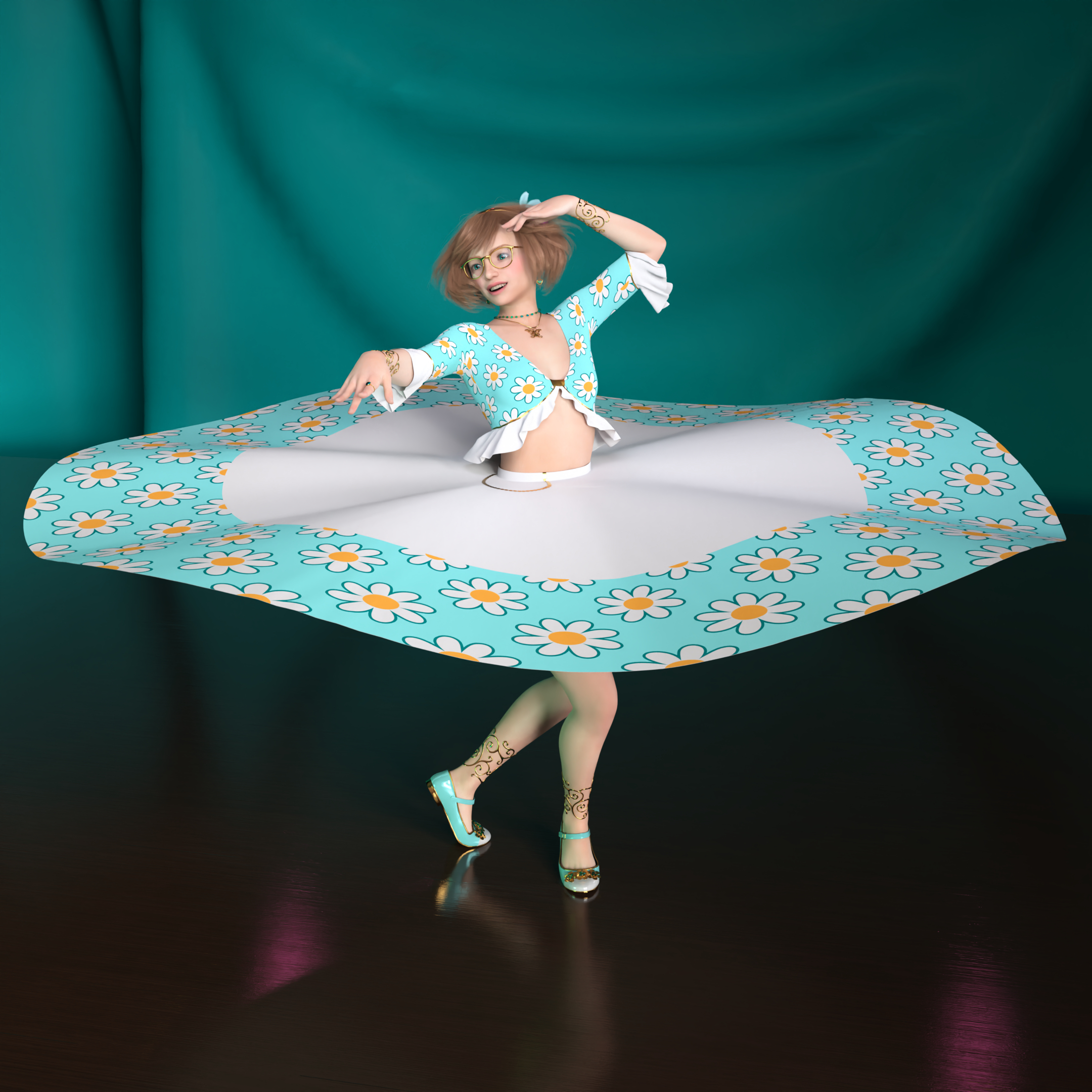 Ellie is dancing on a stage with a dark teal curtain, one hand outstretched and another near her head. Her torso is arched back a tiny bit. Oh, and the most important thing: she’s spinning at full power! So her long skirt is flying all the way up to her waist and spreading out to its full width, revealing her legs and the aforementioned ankle bands. Her fluffy hair is flaring out as well. She’s smiling at the crowd with delight.
