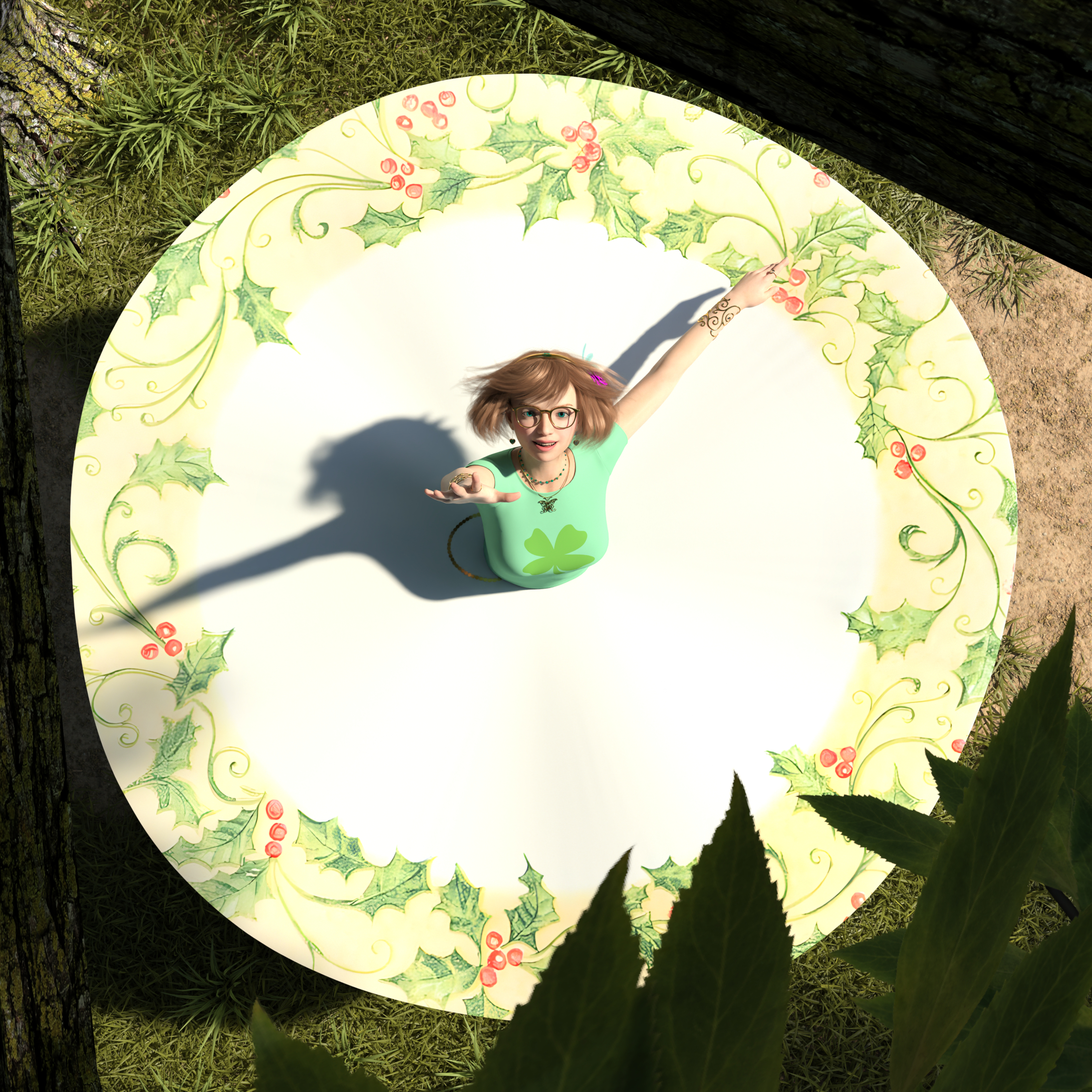 Ellie spinning with her skirt at maximum flight and flare. The camera is observing her from above, through the trees. Branches and leaves can be seen at the edges of the frame. She is reaching out toward the camera as she smiles.