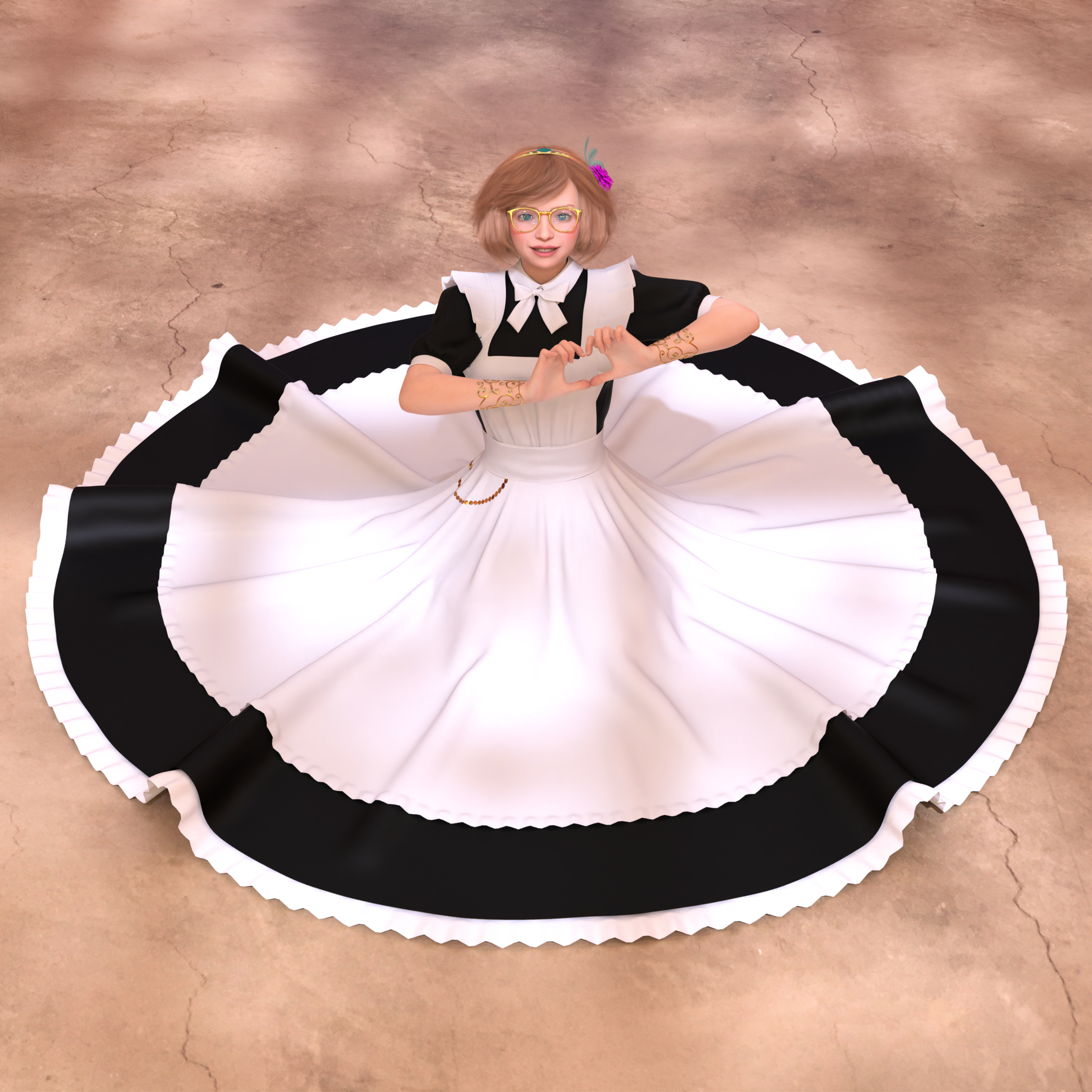 Ellie is now sitting on the floor with her skirt spread out around her, implying that she dropped down from her spin. She’s making a heart with her hands as she smiles up at the camera.