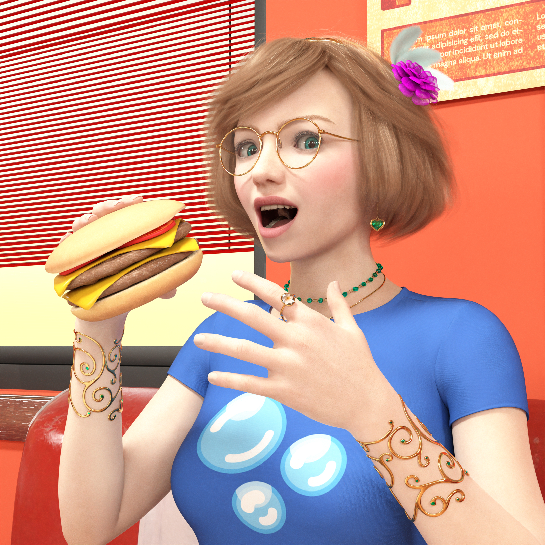 Ellie in a diner with her mouth open, about to take a bite out of a cheeseburger, but she catches sight of a clandestine photo-taker! She’s wearing a blue shirt with bubbles, referencing the character that this render is based on.