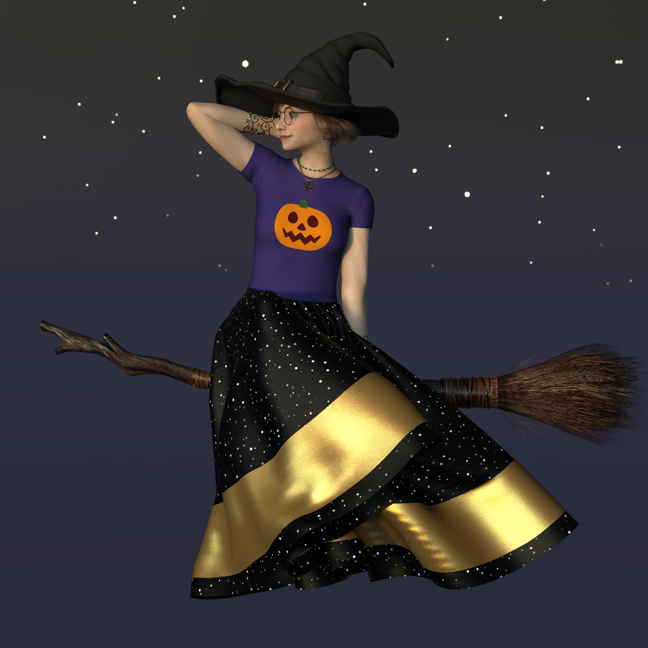 Ellie sitting sideways on a broom with a starry night sky behind her. She’s wearing a black witch hat, a purple t-shirt with a jack-o-lantern emoji, and a black skirt with stars and a sparkling golden band. She is looking off in the implied direction of travel while one hand comes up to brush her hair and the other holds on to the broom.