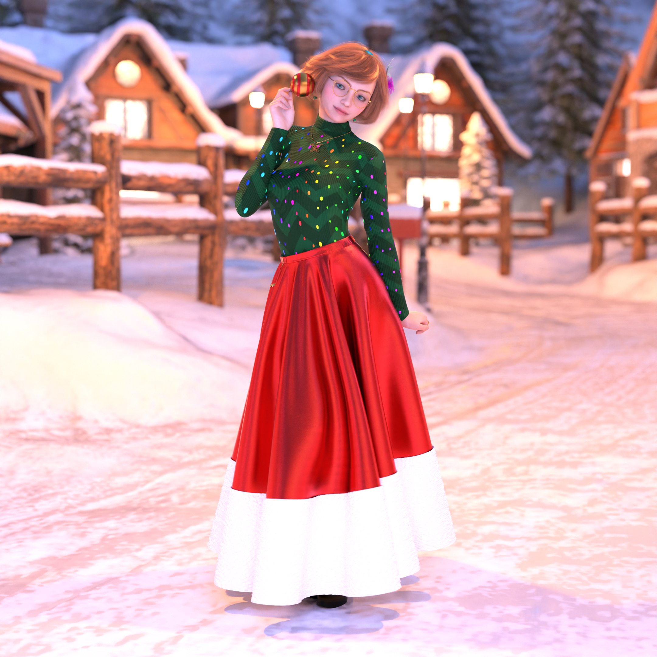 Ellie wearing a Christmas tree-themed outfit: a dark green striped sweater with dotted lights in rainbow colors, paired with a red skirt with a fuzzy white border, reminiscent of a tree skirt. She’s in a snowy village at night, and holding a gold and red ornament while smiling.