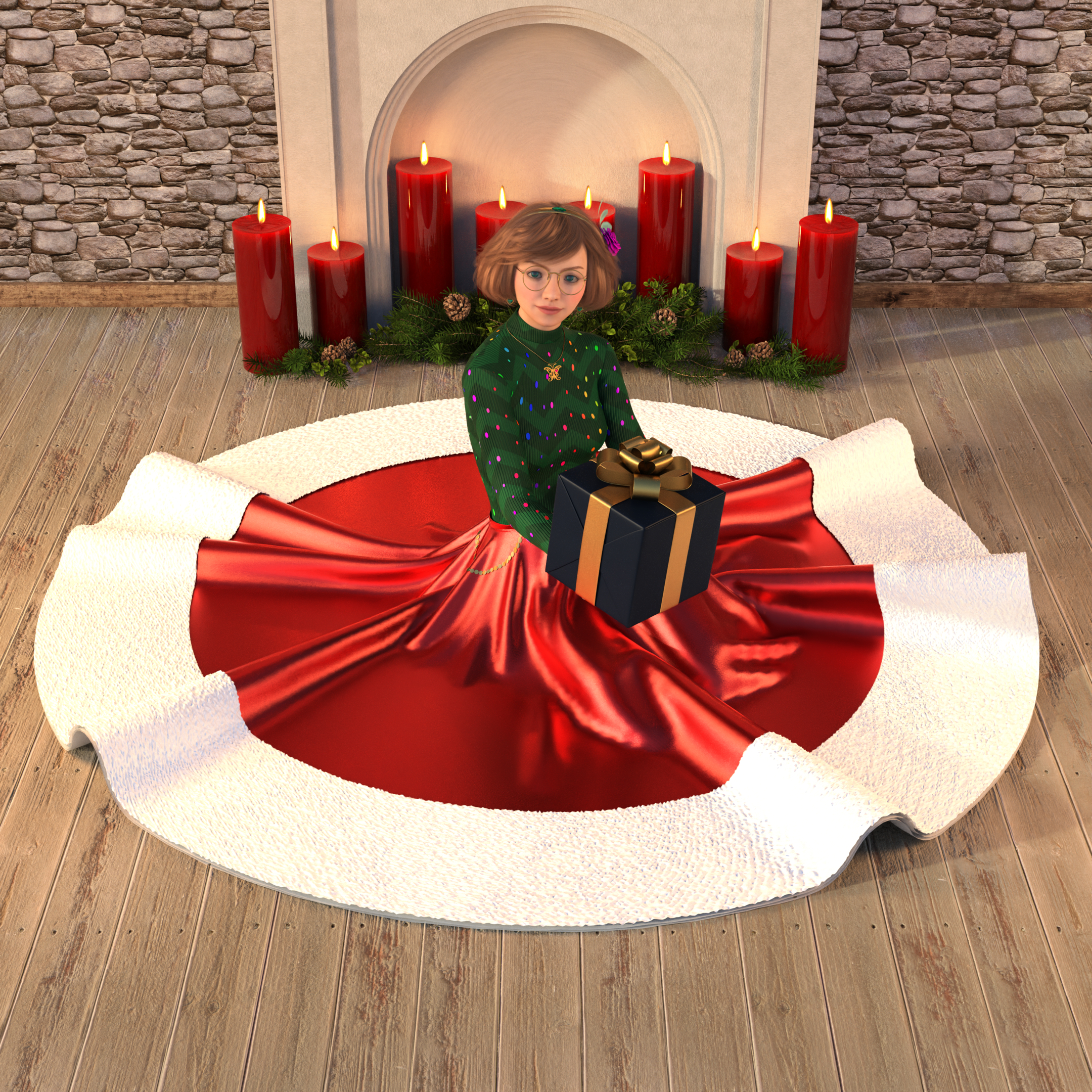 Ellie is now inside from the cold, sitting on the floor in front of some lit candles with her skirt spread out around her. She’s holding a dark blue present with a gold ribbon.