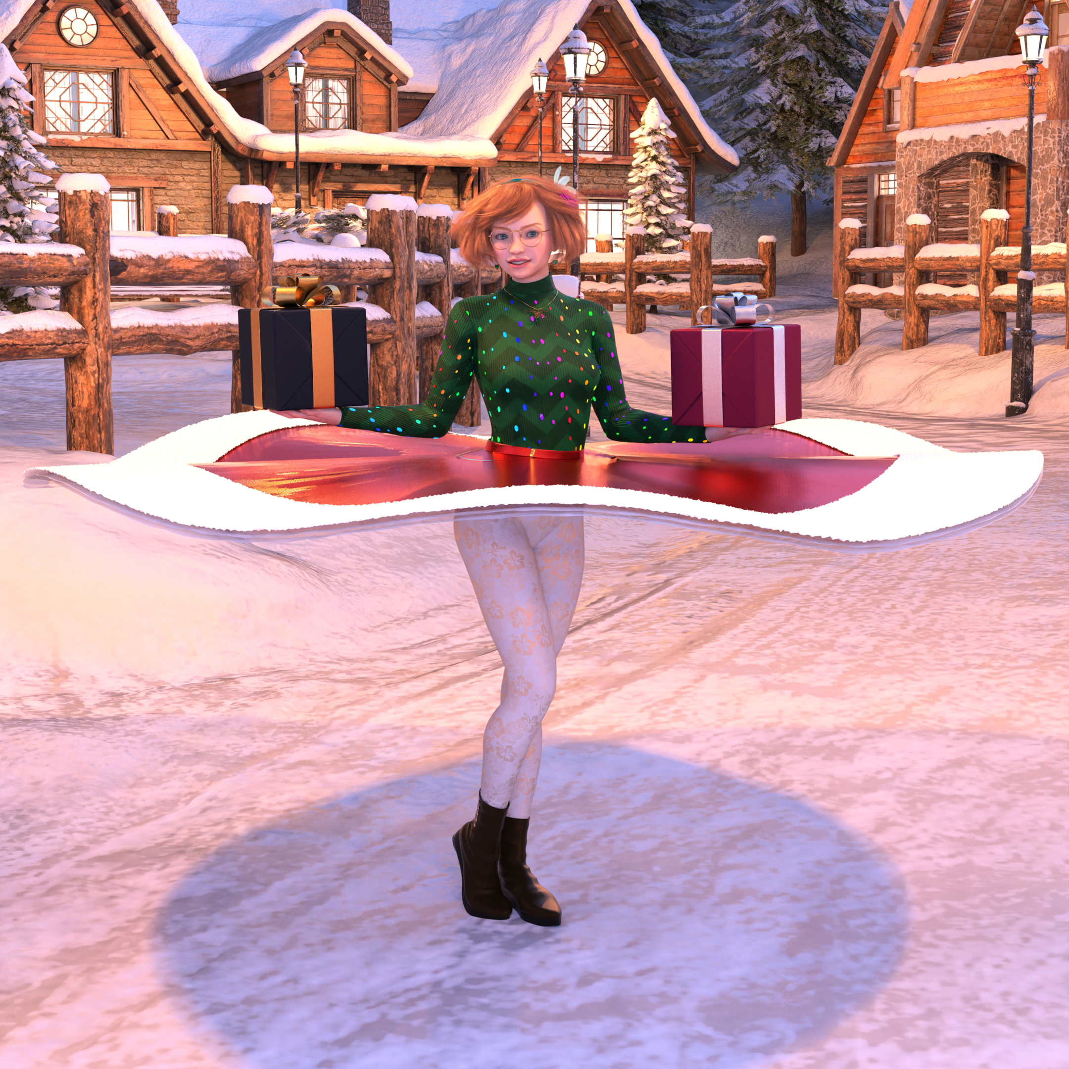Ellie has returned to the snowy village to do a big spinny! As occurs often, her skirt has achieved maximum flight and flare, and she’s holding two presents now; the second one is pink with a silver ribbon. Her white and gold floral leggings are now visible, as well as her brown boots.