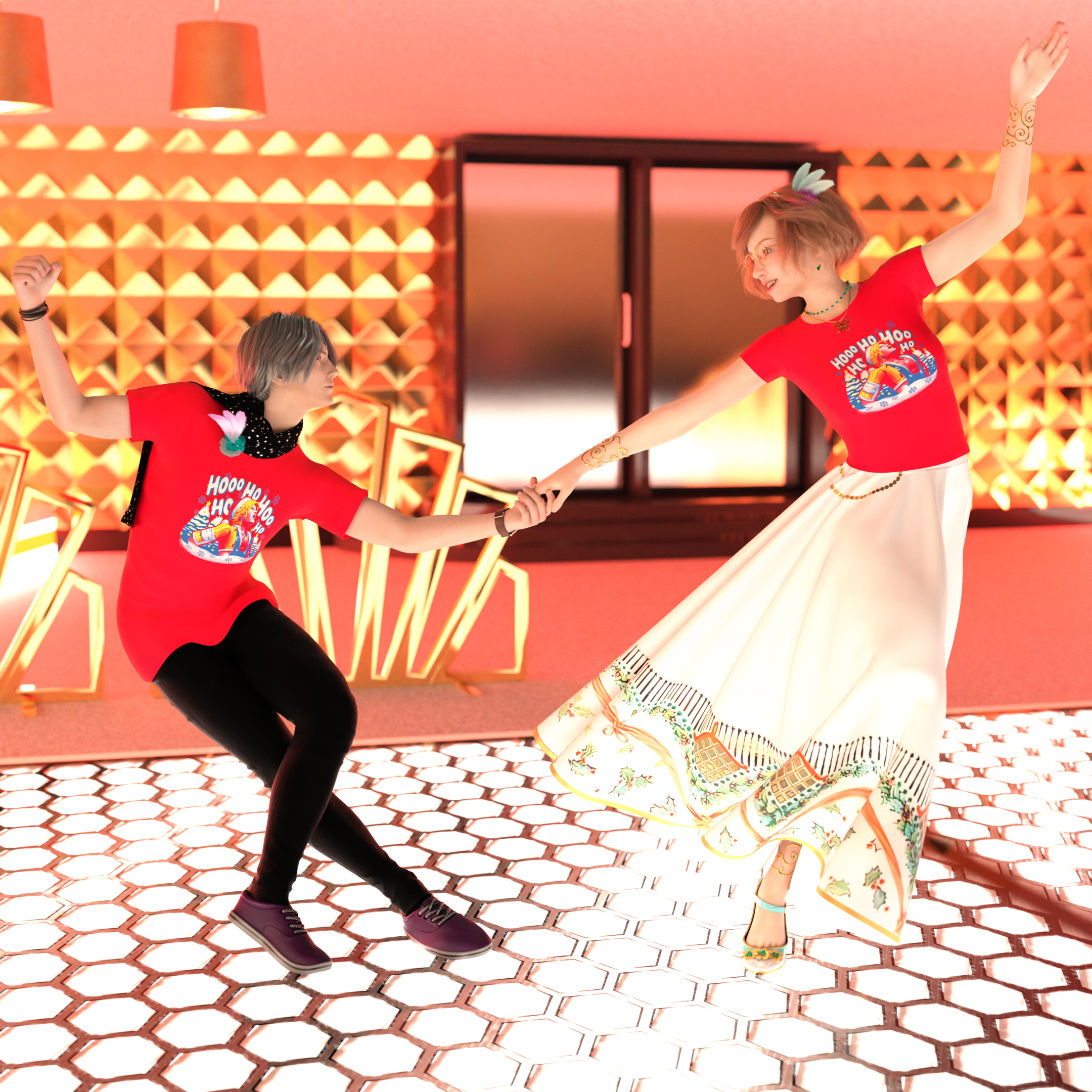 Serge and Ellie on a lit-up dance floor during a swing out, a Lindy Hop maneuver where the lead sends the follow away while maintaining single-hand contact. They’re smiling at each other and wearing matching and contrasting outfits: red t-shirts with the same design–Jolly Tidings by Versiris, depicting the Tidus laugh scene while he wears a Santa hat–but Serge has black pants and a black scarf with silver stars, and Ellie’s wearing a skirt adapted from the plates of the Christmas Joy pattern by Royal Copenhagen.