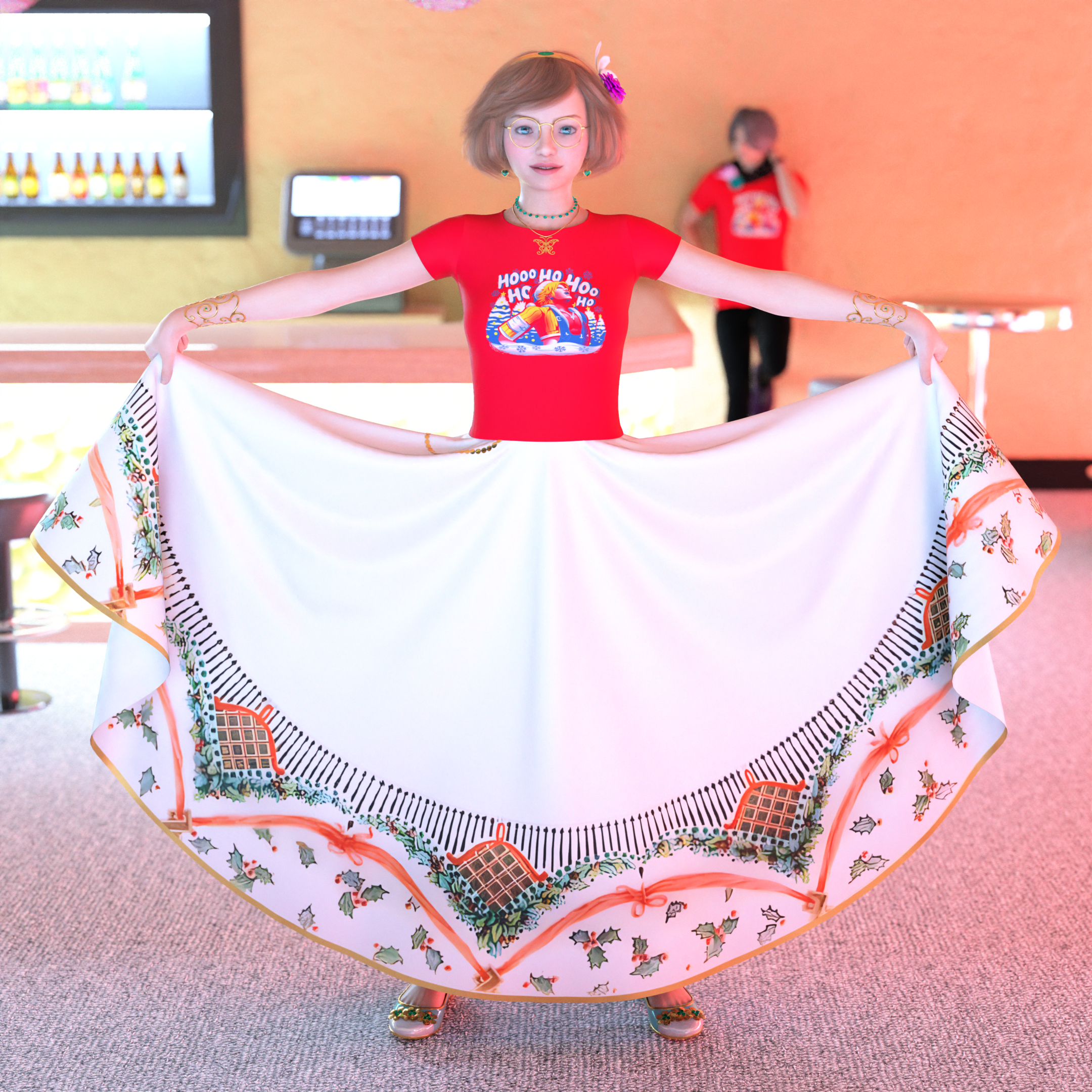Ellie has stepped away from the bar to spread out her skirt for an unseen photographer and show off its design. Serge is in the background, leaning against a wall while blurred by depth of field.