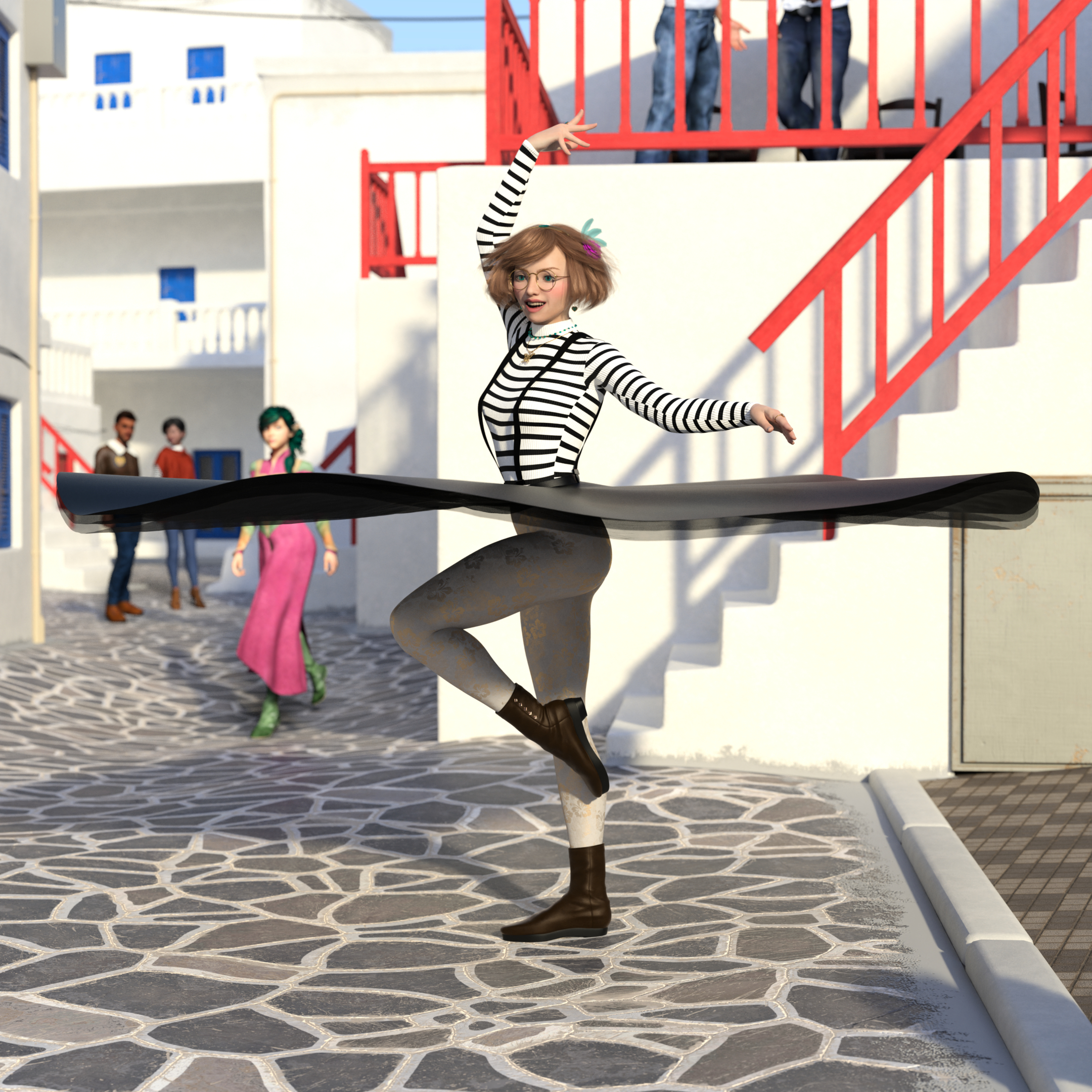 Ellie has now descended to the street, as she doesn’t have enough room to dance on the balcony. She’s smiling as she spins in a dramatic pose, which sends her skirt flying all the way up and flaring all the way out, revealing her black petticoats, white/gold floral leggings, and brown winter boots. A few other people can be seen in the background; two men up on the balcony she was on before, an elf woman walking down the street, and further back, a couple standing and watching from afar.