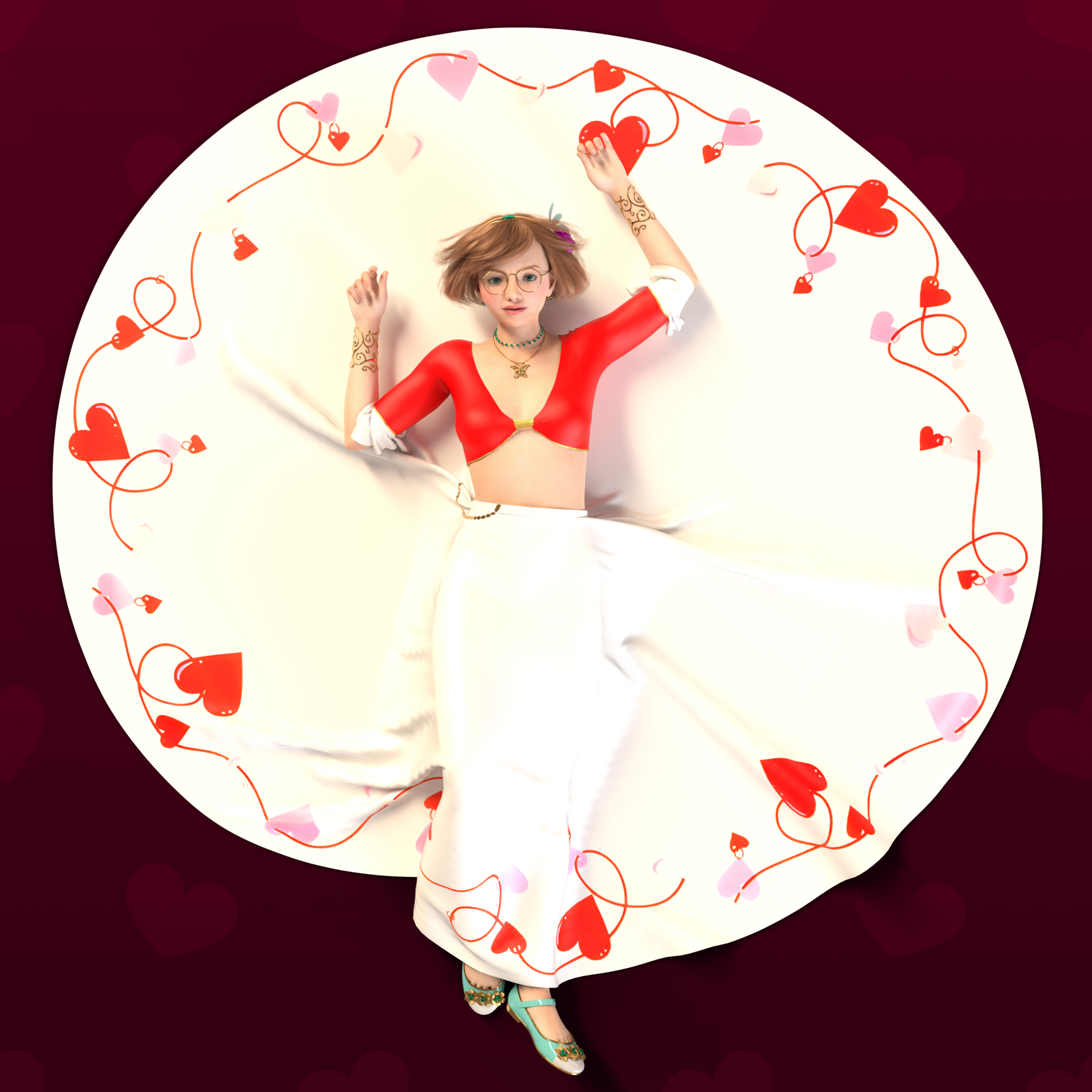 Ellie lying on her back with her skirt spread out all around her in a giant circle. Her torso is on top of the skirt, and her skirt is covering her legs. She’s looking up at the camera with a slight smile. Her skirt has a design of red swirly lines and hearts all around the edge; it’s the Fiesta Valentine design by Homer Laughlin. She’s wearing a red top with white sleeve ruffles. All images in this set have this outfit.