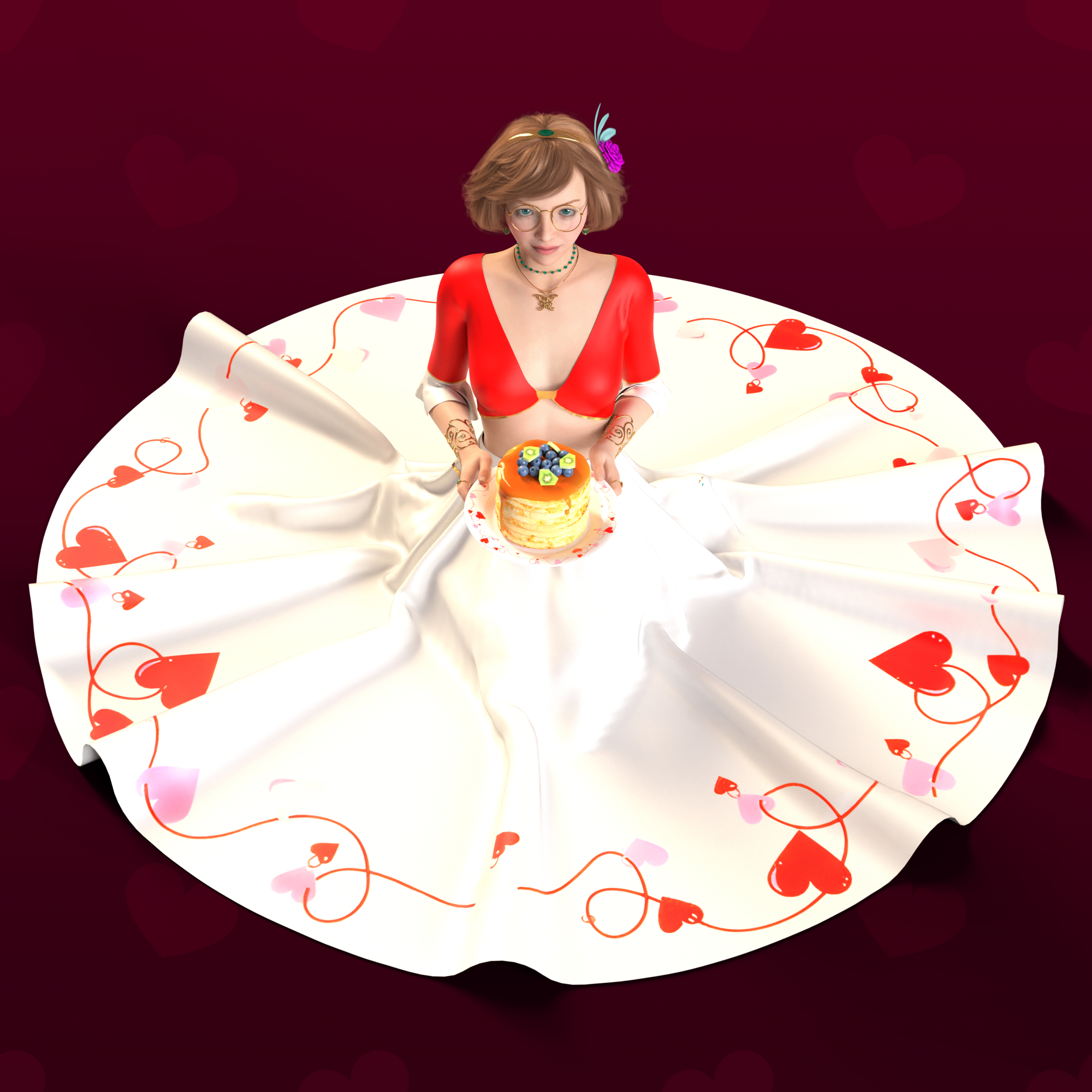 She is now upright, kneeling on the floor, skirt still spread out in a big circle around her. She is holding a plate of highly-stacked pancakes topped with blueberries as she looks up with the camera with a faint but smoldering smile. Naturally, since her skirt is using a plate design, the real plate she’s holding has the same one.