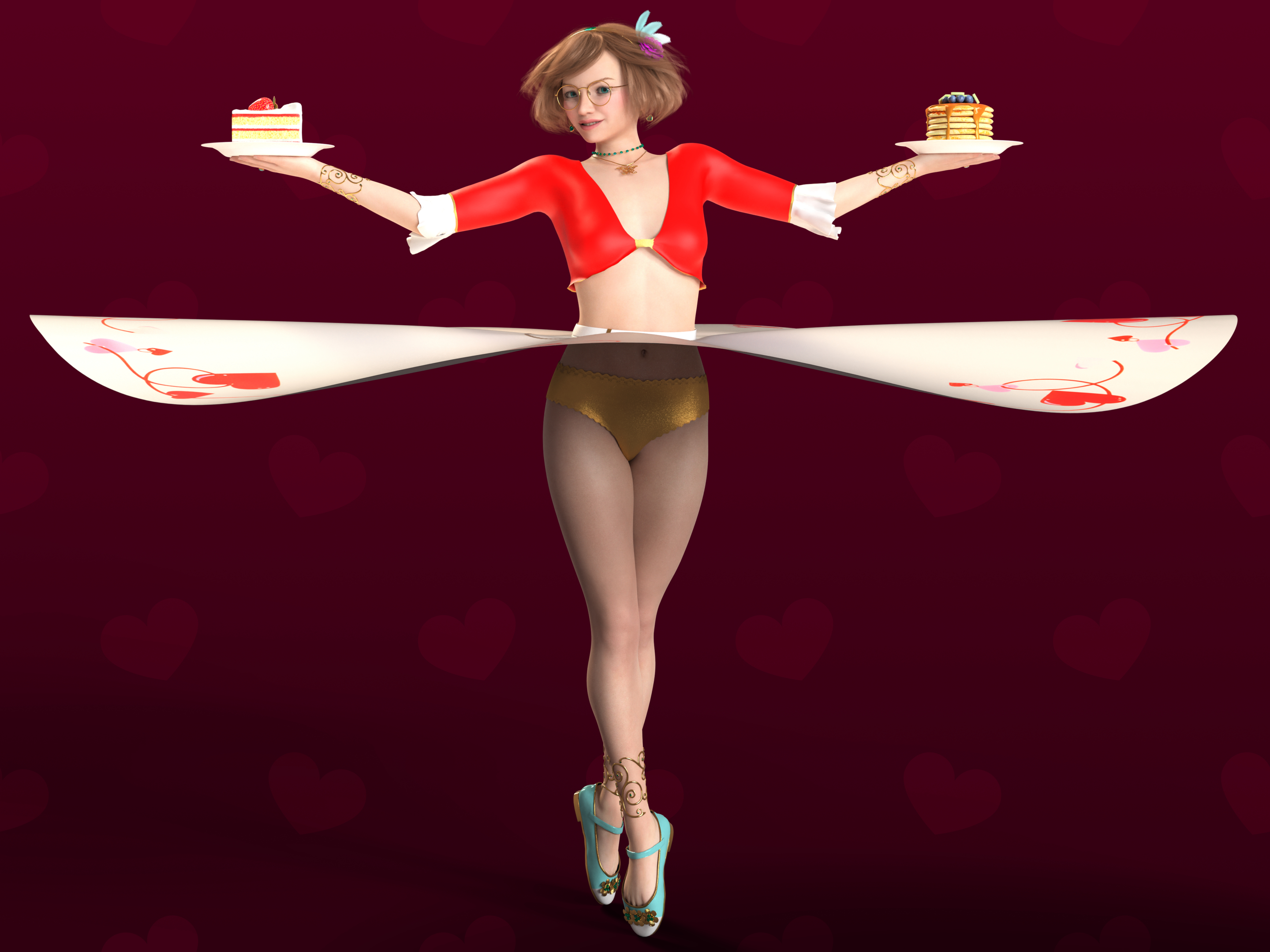 The inevitable spinning render. Ellie’s skirt is fully aloft about her waist, revealing shiny, sparkling gold shorts with elegant rippled edges. Her hair and jewelry are flaring out as well. She’s holding an additional plate now, so one in each hand. The additional one has a strawberry shortcake on it.