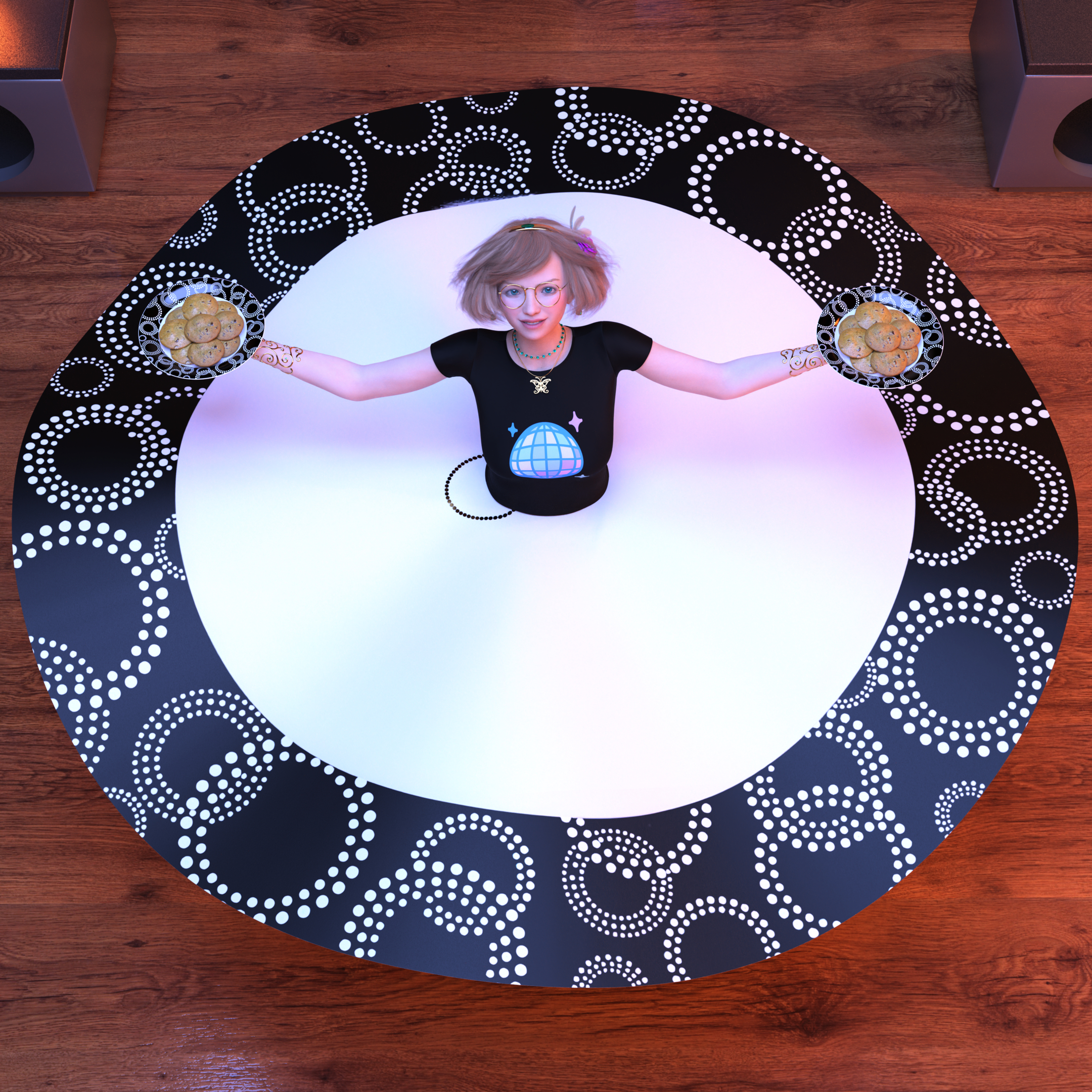 Ellie in a nightclub, spinning her skirt to maximum flight and flare while holding two plates stacked with cookies. The pattern on her skirt and the plates is Eclipse by Pier 1, which has a black rim abounding with circles made of white dots. She’s also wearing a black t-shirt with a disco ball on it. Between her skirt, the two plates, their designs with circles made of dots, the cookies, the disco ball, and her glasses, this image is absolutely overflowing with circles.