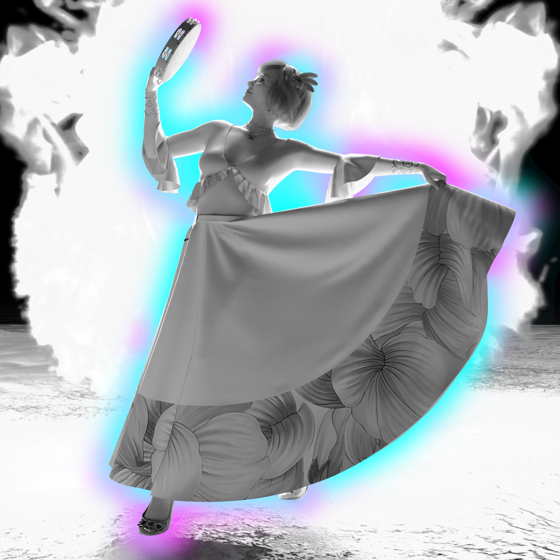 A mostly monochrome version of the first image, except that Ellie now has an aura of cyan dotted with magenta, showing what the man of the hour sees when looking at her.
