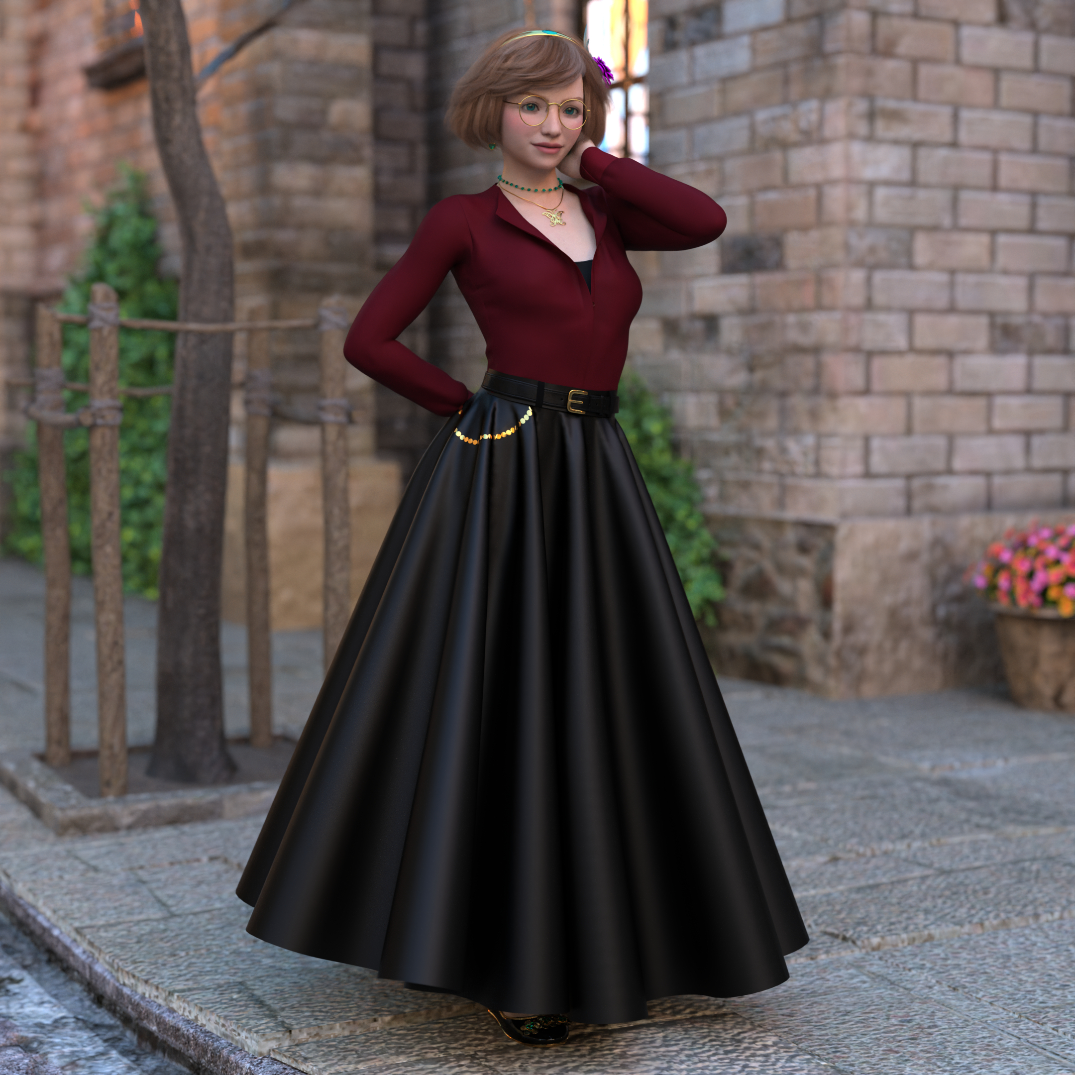 Ellie standing on the sidewalk of a town next to a church made with light brown bricks. She’s wearing an ankle-length, full-circle black skirt with a black leather belt around the waist, over a long-sleeve burgundy button-down that is opened enough to show just a peek of cleavage covered by a black bandeau. Also her shoes are black. She’s got one hand behind her back and one by the side of her neck, smiling softly as she looks down the street.