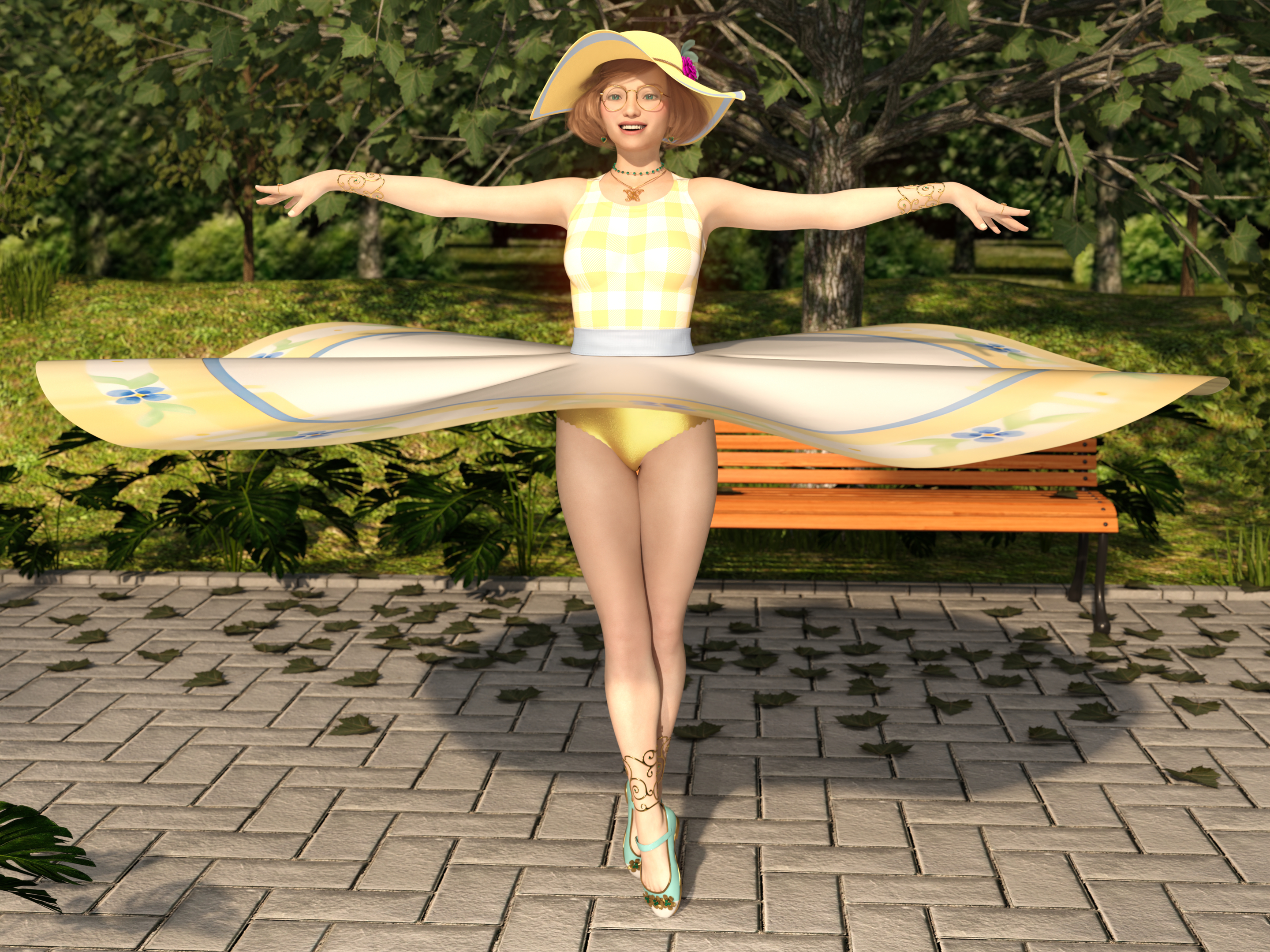 She beams happily as she goes for a spin with arms outstretched to her sides, sending her skirt soaring about her waist. Her shiny gold dance shorts match coincidentally well with the overall color theme of the outfit.