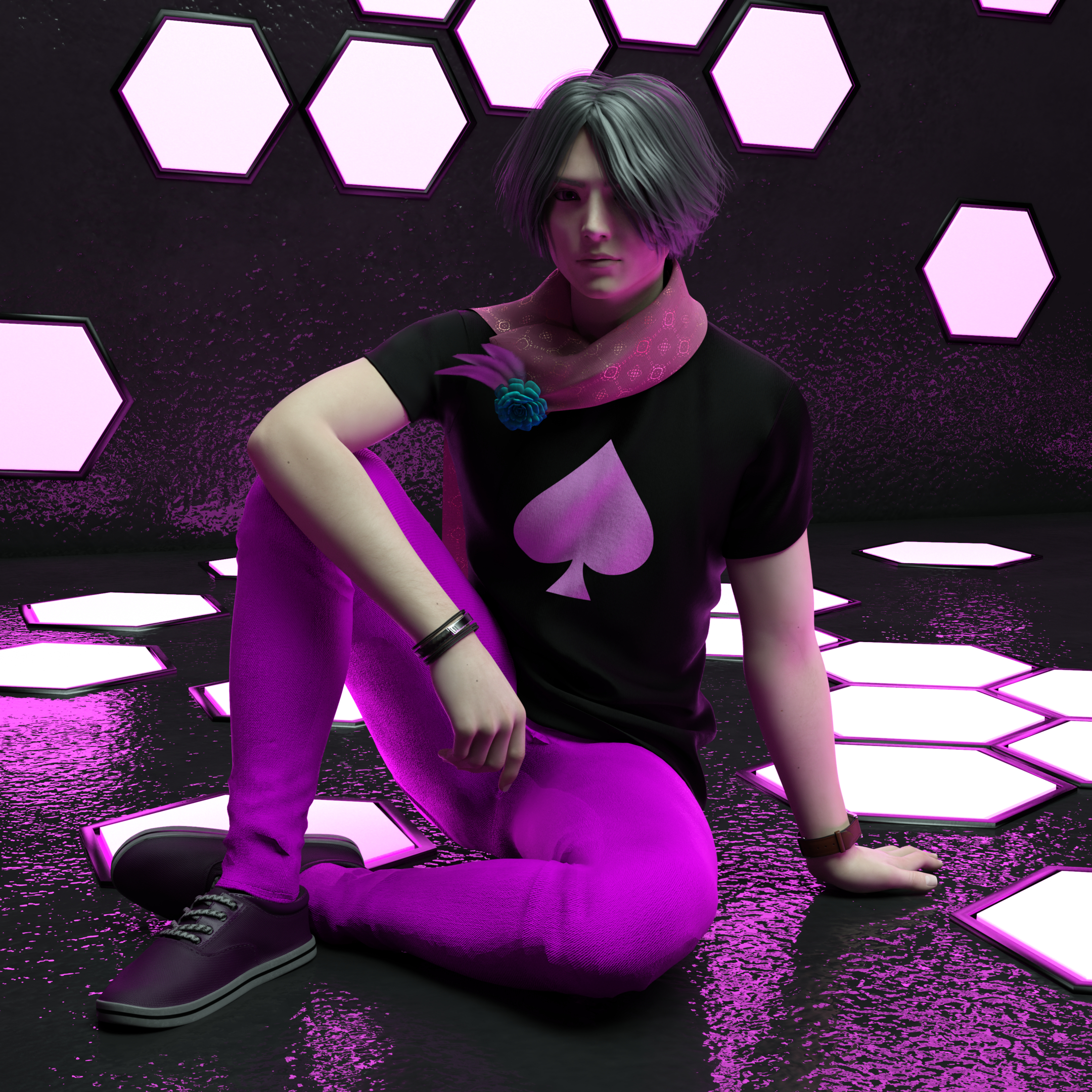 A young man with sitting on the ground of an abstract vignette with scattered hexagonal magenta lights, one leg crossed under the other, elbow draped over the knee. He has dark gray hair, pale skin, and magenta eyes. He’s wearing a black t-shirt with a pale pink spade on it, a magenta pair of pants, plum-colored sneakers with gray soles, and a pink scarf with a subtle geometrical pattern. He also has a silver bracelet on his right wrist and a brown watch on his left. Lastly, there is a cyan flower with three pale pink feathers attached to the scarf.