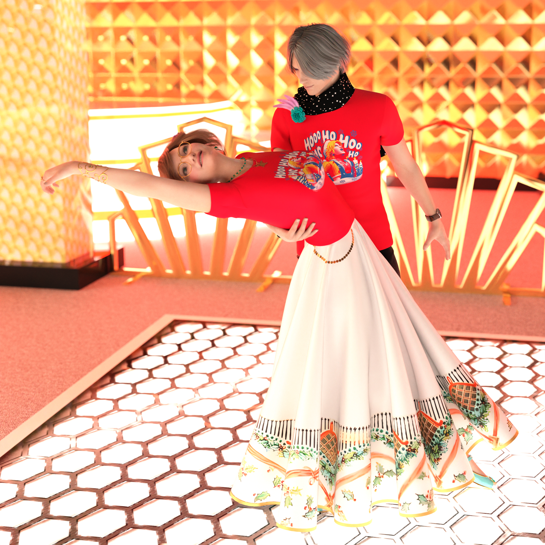 Serge holds Ellie’s lower back as she leans backwards in a dramatic-looking semi-dip.