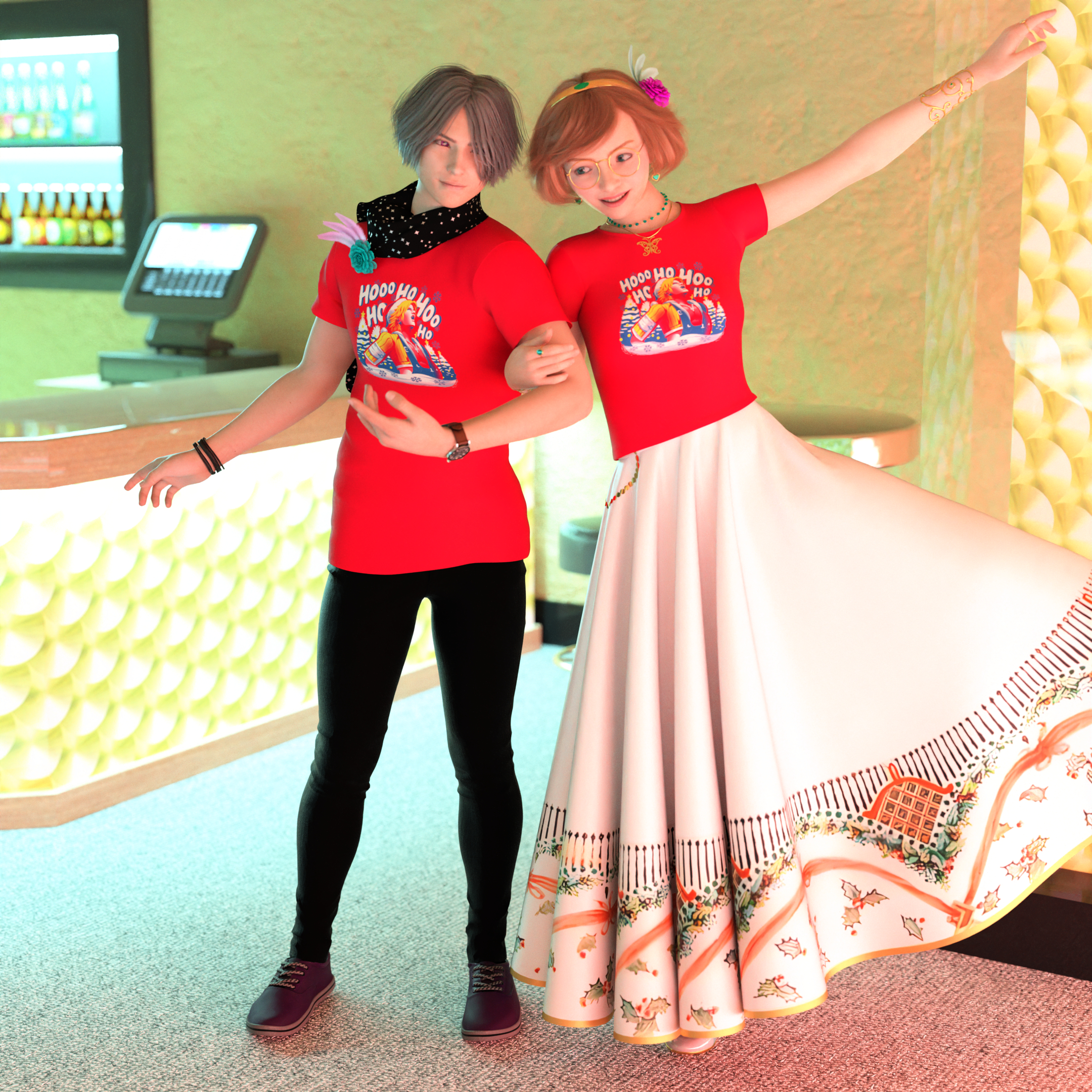 Serge and Ellie have retired from the dance floor, and are standing near a bar. Ellie’s grabbing Serge’s arm while she leans in goofily toward him.